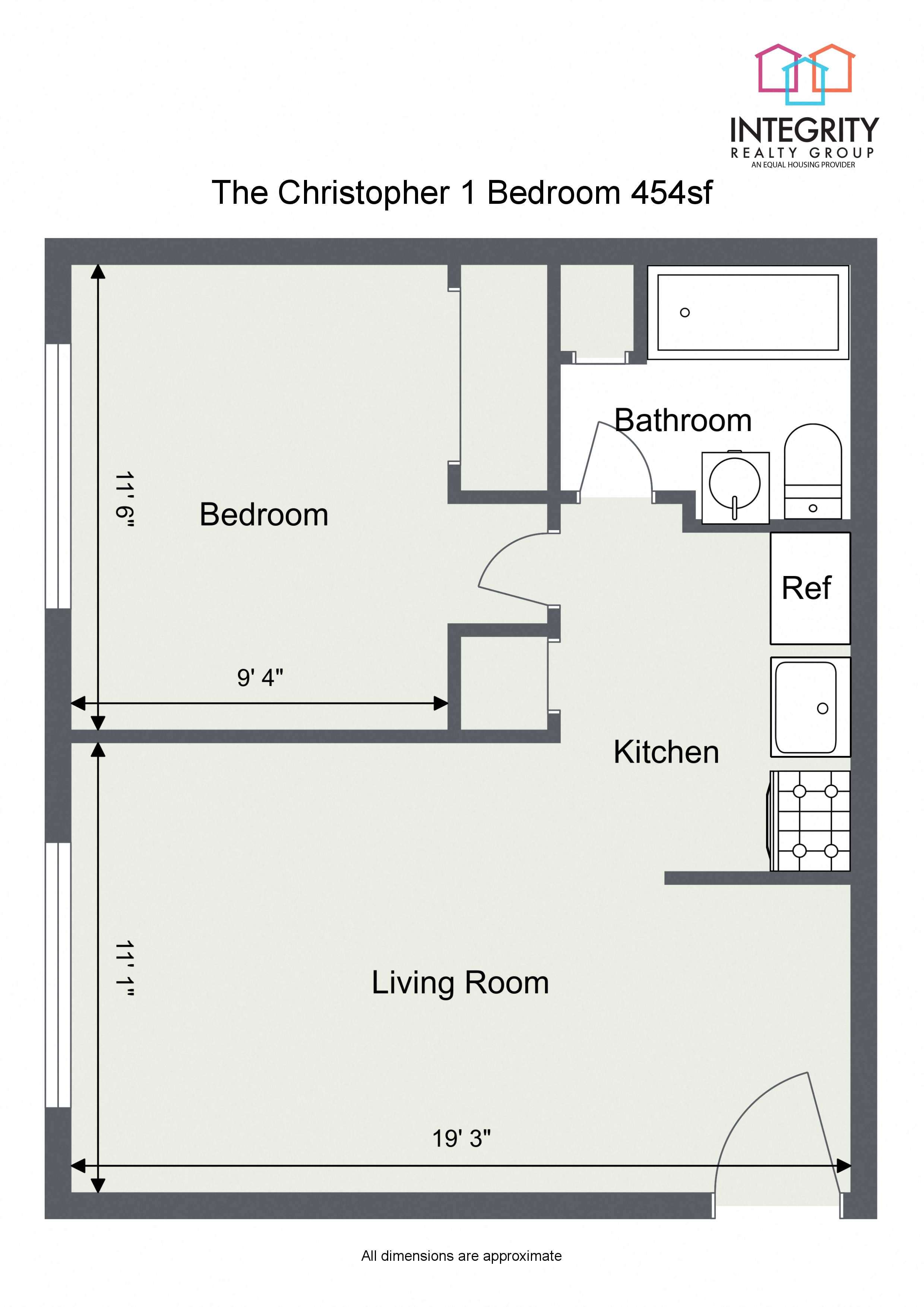 Floor plan for 1 bed, 1 bath, 454 sqft